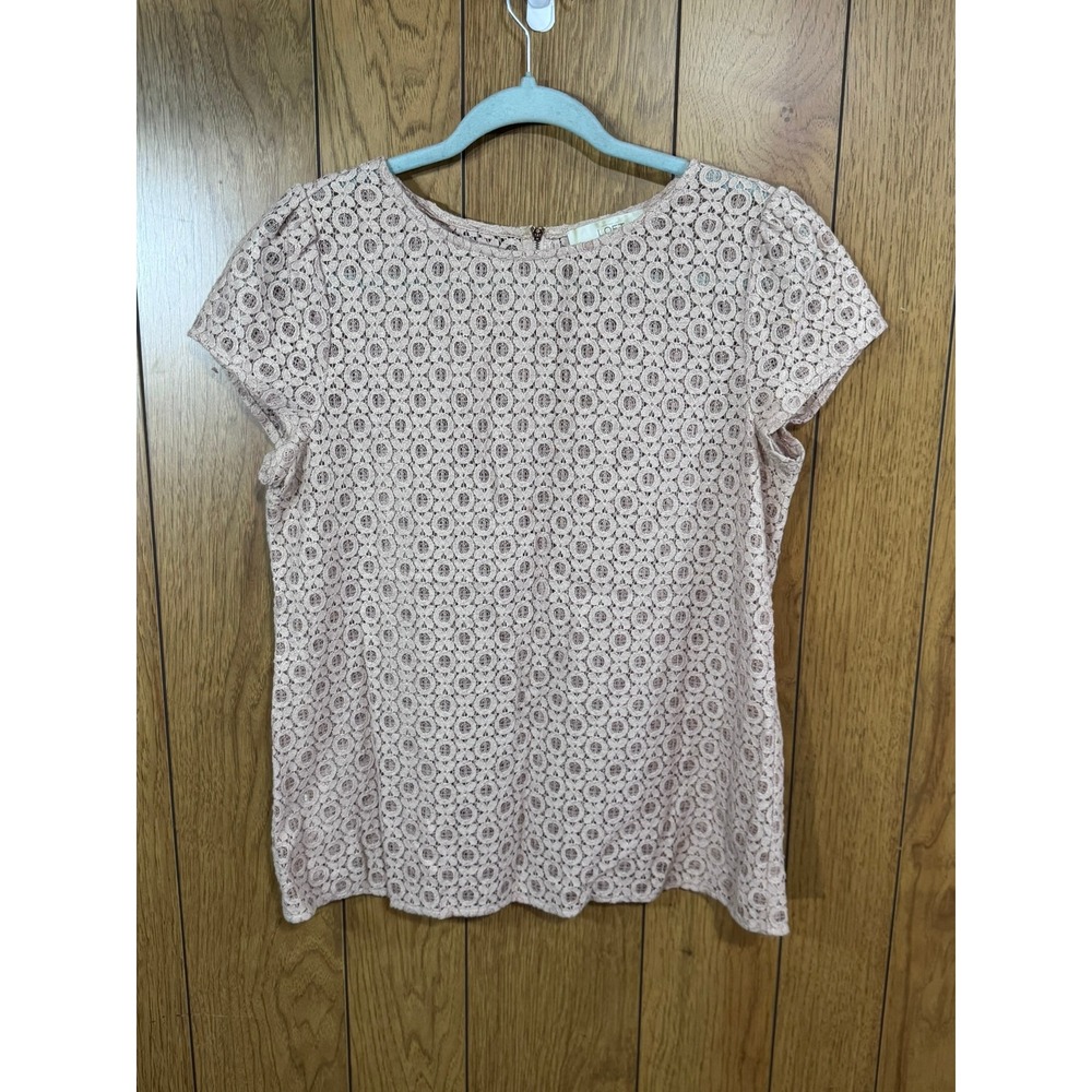 Ann Taylor LOFT Pink Eyelet Lace Metallic Shimmer Short Sleeve Blouse Small